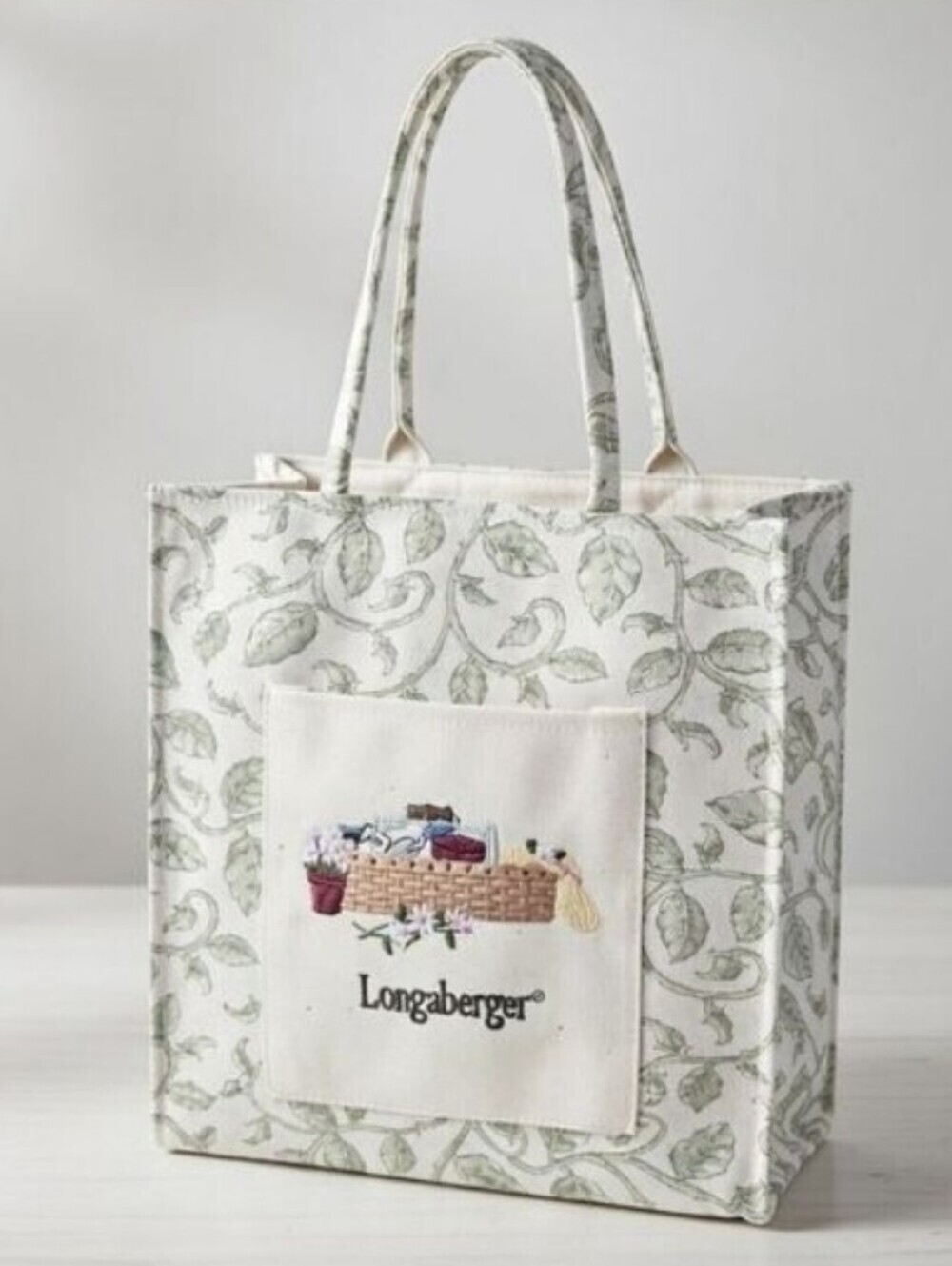 Longaberger Leafy Green and Cream Canvas Lunch Tote